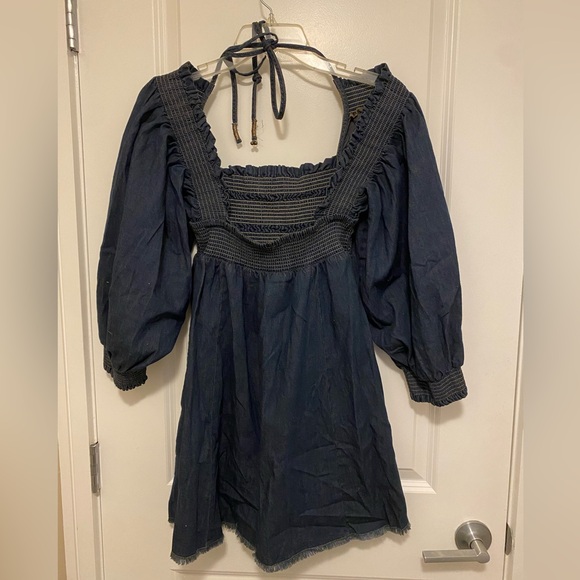 Free People This Is Everything denim Smocked Tie Neck Mini Dress M - Picture 10 of 12